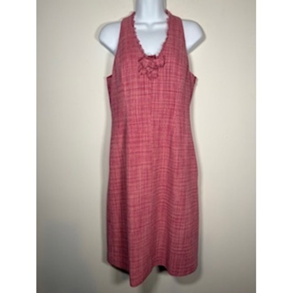BCBGMAXAZRIA Silk Sheath Dress 10 Pink Fringed V-Neck Rosette Wedding Guest Chic
